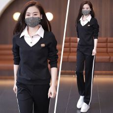 批发休闲套装女2026春秋季新款韩版长袖假两件宽松百搭显瘦直筒裤套装