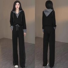 批发新款时尚休闲套装女2026秋新款洋气假两件长袖阔腿裤外穿两件套