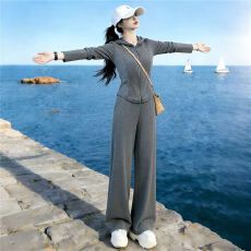 批发新款高级灰拉链连帽休闲运动套装女气质修身显瘦阔腿<b class='q'>裤</b><b class='q'>外穿</b>两件套