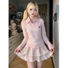 批发纯欲甜辣妹套装学院风收腰假两件衬衫上衣+百褶半裙少女感两件套