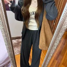 批发春秋爆款韩版时尚修身显瘦显高休闲条纹套装新款开衫外套两件套女