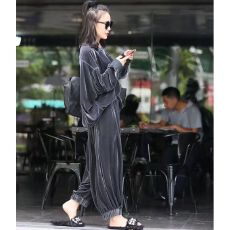批发欧洲站2025秋季大码金丝绒套装女<b class='q'>时尚</b>宽松休闲运动阔腿裤两件