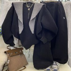 批发复古港风慵懒套装女秋<b class='q'>冬</b>新款纯色加绒卫衣抽绳显瘦阔腿长裤三件套
