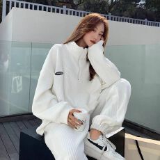 批发加绒华夫格400克加绒加厚运动套装女秋<b class='q'>冬</b>季宽松时尚休闲两件套