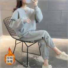 批发加绒华夫格400克加绒加厚休闲运动套装女秋<b class='q'>冬</b>季宽松卫衣两件套
