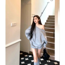批发灰色休闲套装<b class='q'>女</b>秋季2026新款贴布字母宽松长袖卫衣高腰阔腿<b class='q'>短裤</b>子