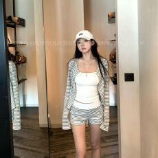 批发韩系条纹套装<b class='q'>女</b>夏季休闲慵懒风防晒开衫上衣小个子休闲<b class='q'>短裤</b>两件套