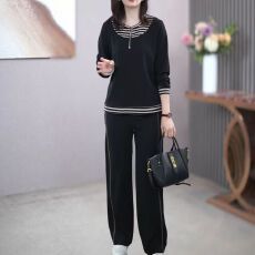 秋季新款时尚一整套装女减龄宽松大码条纹拼接休闲运动黑色两件套