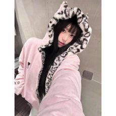 批发加绒 白金拉链 原版豹纹 内抽 秋冬<b class='q'>可爱</b>兔耳朵连帽卫衣女