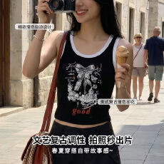 批发美式复古撞色印花背心一体式带胸垫外穿打底短款上衣