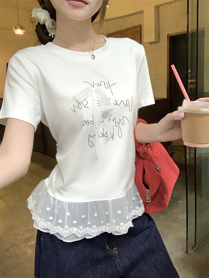 실사 정가 한 부서 달콤함 나비 매듭 알파벳 프린트 반팔 티셔츠