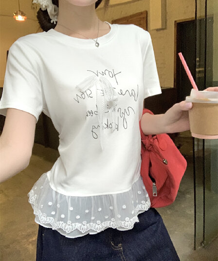 실사 정가 한 부서 달콤함 나비 매듭 알파벳 프린트 반팔 티셔츠