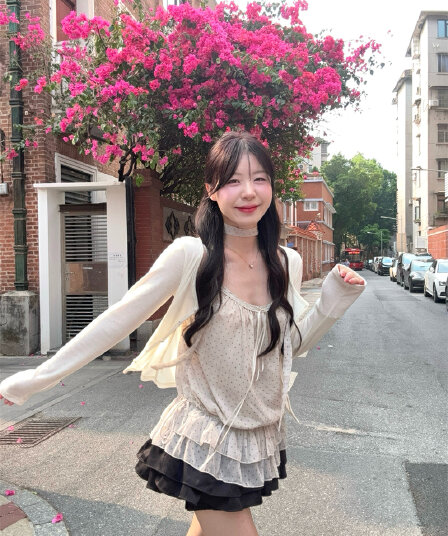 실사 정가 고대 조기 도트 무늬 프릴 슬립 니트 오픈 가디건 투피스 세트 경기 목도리