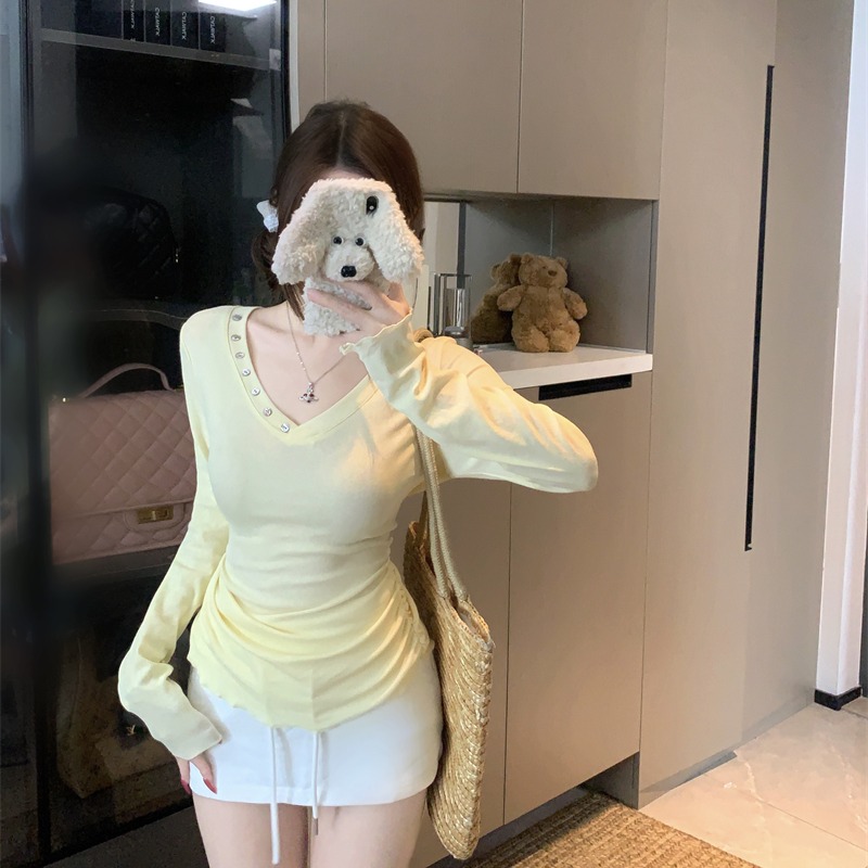 실사 정가 작은 대중 V넥 버튼 장식 긴팔 티셔츠 몸매 가꾸기 펌프 Pleat 허리 수축 맨위