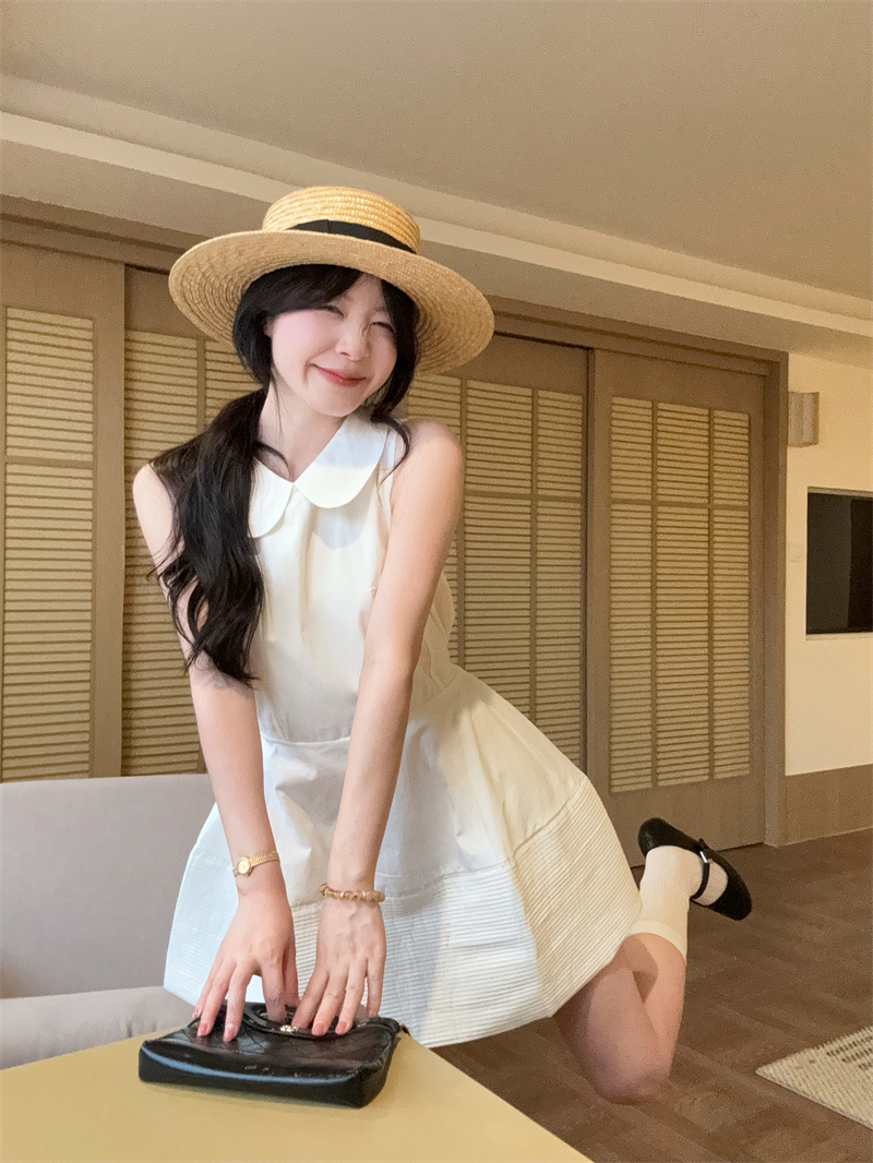 실사 정가 한 부서 베이비 칼라 민소매 드레스 미니멀리즘 작은 대중 단색 다용도 A라인 스커트