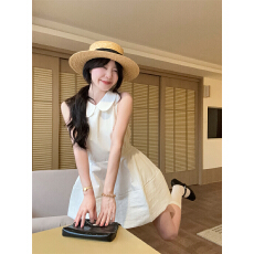 批发实拍实价 韩系娃娃领无袖<b class='q'>连衣裙</b>简约小众纯色百搭A字裙