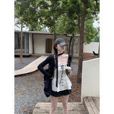 批发实拍实价  针织飘带开衫外套内搭花边蝴蝶结吊带上衣波点短裙套装