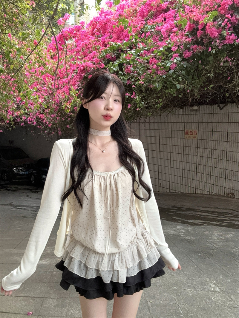 실사 정가 고대 조기 도트 무늬 프릴 슬립 니트 오픈 가디건 투피스 세트 경기 목도리