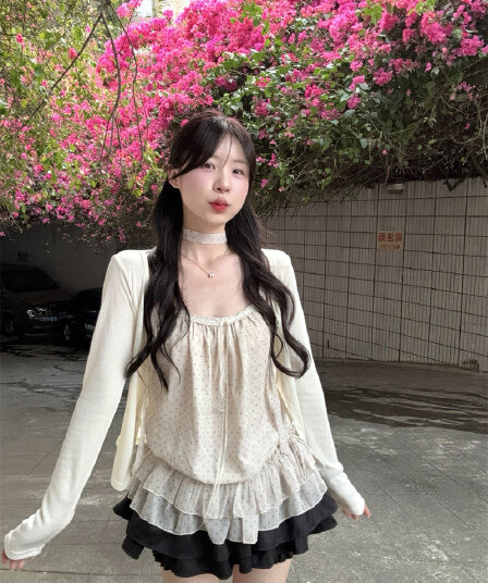 실사 정가 고대 조기 도트 무늬 프릴 슬립 니트 오픈 가디건 투피스 세트 경기 목도리
