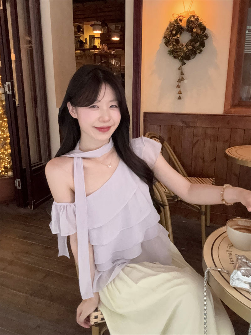 실사 정가 달콤함 오프숄더 프릴 맨위 품격 작은 셔츠