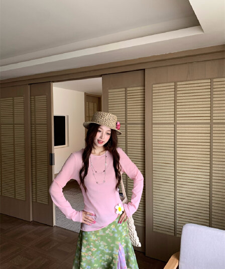 실사 정가 몸매 가꾸기 슬림해 보이는 다용도 라운드 넥 티셔츠 배색 패치워크 꽃무늬 쉬폰 반신 스커트
