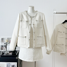 批发实拍高级重工气质镶钻<b class='q'>白色</b>洋气外套女小香高端粗花呢钉珠西装