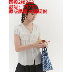 批发白色花边v领纯棉衬衫女<b class='q'>夏</b>新款薄款短袖系带上衣