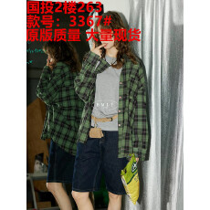 批发[寻茶归] 韩系绿色格子棉撞色休闲宽松翻领衬衫女百搭上衣秋