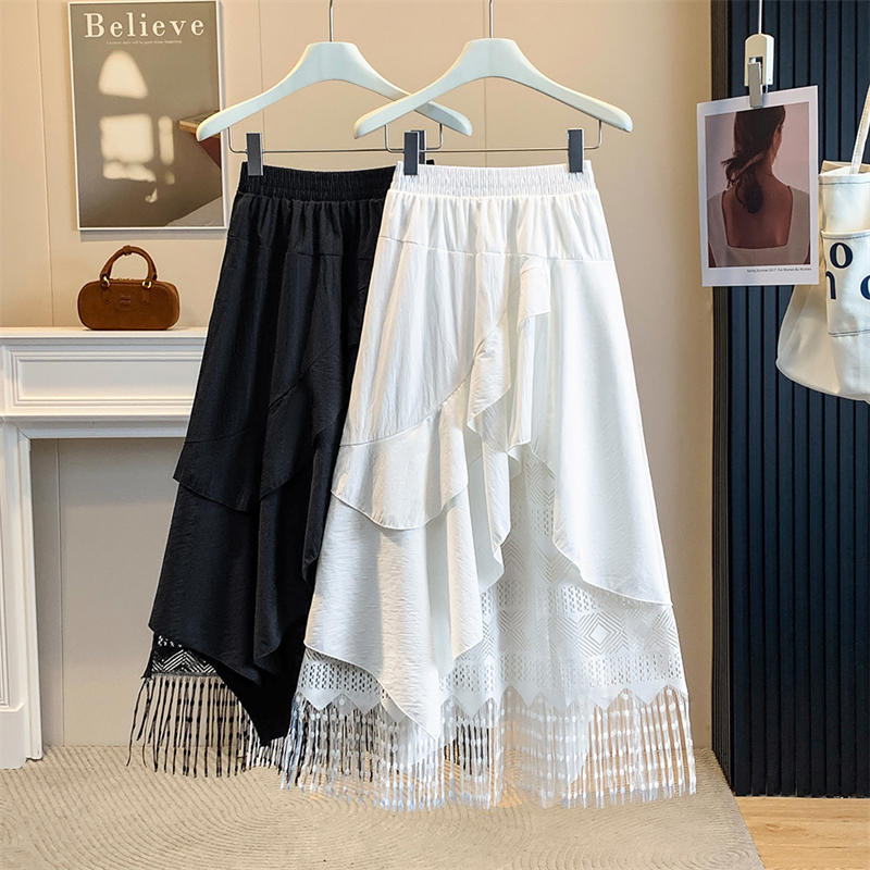 실사 지방 mm 빅 사이즈 레이스 조각 불규칙 반신 스커트 2026 여름 새로운 술 계층의 감각 중간 길이 스커트