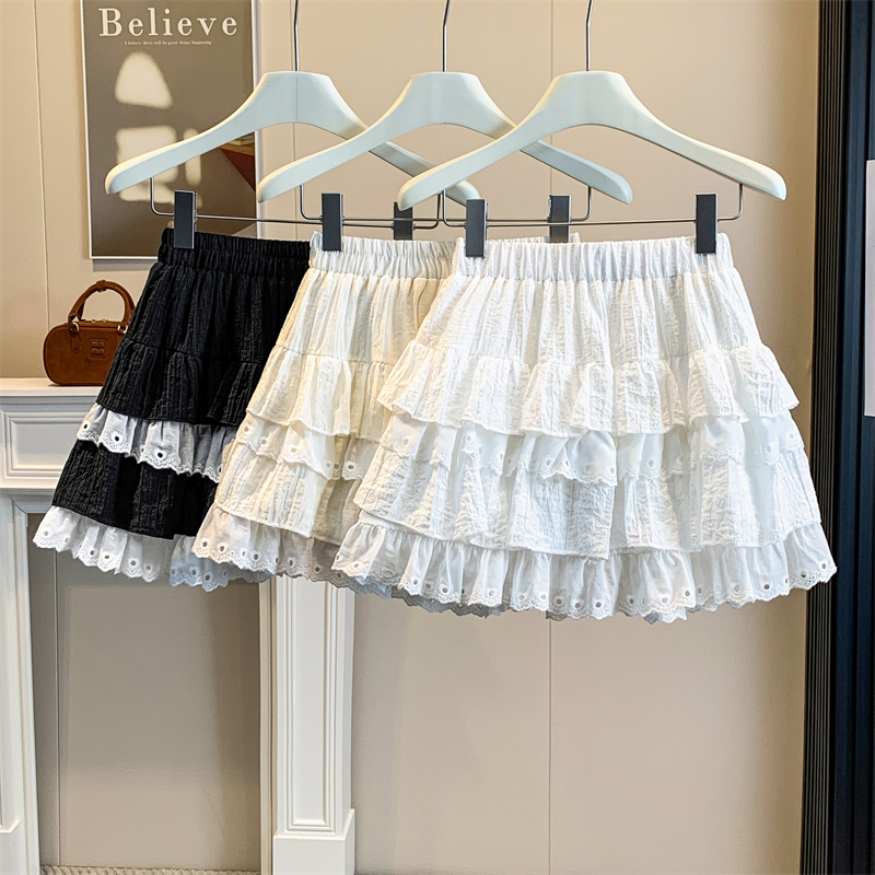 실사 지방 mm 빅 사이즈 프랑스식 바람 퍼프 케이크 드레스 여성 여름 프릴 미니 스커트 하이웨이스트 한 마디 레이스 반신 스커트