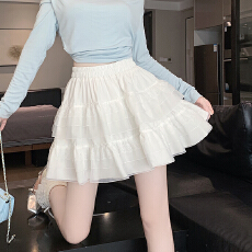 批发实拍甜美a字半身裙女夏高腰褶皱花边纱裙设计感蛋糕公主裙 短裙