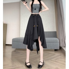 批发实拍 2026年夏法式小众不规则半身长裙女荷叶边设计感松紧腰裙子