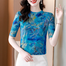 批发实拍好质量印花弹力网眼桑蚕丝T恤2026夏季新款套头短袖女