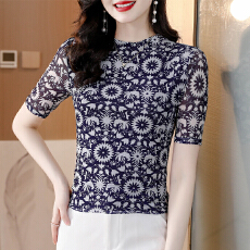 批发实拍好质量印花弹力网眼桑蚕丝T恤2026夏季新款套头短袖女