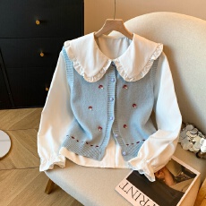 批发实拍2025秋季新款<b class='q'>韩版</b>甜美娃娃领衬衫针织马甲坎肩两件套女