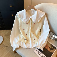 批发实拍2025秋季新款<b class='q'>韩版</b>甜美娃娃领衬衫针织马甲坎肩两件套女