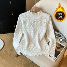 批发实拍秋冬加绒立领钉珠蕾丝衫打底衫女宽松显瘦小香风衬衫保暖衬衣