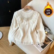 批发实拍蕾丝小香风时尚圆领打底衫外穿上衣钉珠镶钻洋气显瘦宽松衬衫