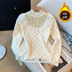 批发实拍秋冬新款加厚重工镶钻立领长袖<b class='q'>蕾丝</b>衬衫打底衫内搭别致上衣女