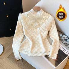 批发实拍秋冬加绒立领钉珠蕾丝衫打底衫女宽松显瘦小香风<b class='q'>衬衫</b>保暖<b class='q'>衬衣</b>