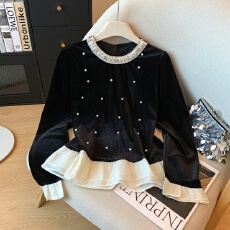 批发实拍重工钉珠丝绒圆领长袖T恤<b class='q'>女</b>秋季2025荷叶边撞色拼接宽松上衣