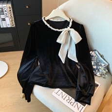 批发实拍新款法式小香风钉珠撞色蝴蝶结宽松黑色丝绒衬衫<b class='q'>女</b>打底衫上衣