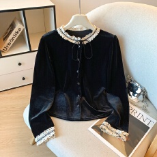 批发实拍设计感小众蕾丝拼接蝴蝶结丝绒<b class='q'>衬衫</b>女2025冬季法式小个子上衣