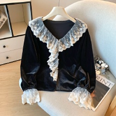 批发实拍法式蕾丝拼接v领丝绒<b class='q'>衬衫</b>女秋冬2025新款宽松显瘦黑色上衣