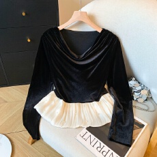 批发实拍2025新款女装法式不规则丝绒<b class='q'>衬衫女</b>秋冬高级感拼接荷叶边上衣