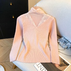 批发实拍法式蕾丝花边挂脖打底衫<b class='q'>女</b>秋冬新款设计感小众针织上衣高级感