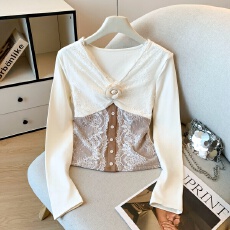 批发实拍小香风高级感立体花朵蕾丝拼接<b class='q'>长袖</b>针织上衣女秋冬法式打底衫