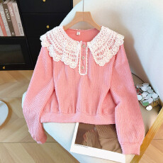 批发实拍学院风<b class='q'>蕾丝</b>拼接娃娃领卫衣女春秋2026新款洋气宽松设计感<b class='q'>上衣</b>