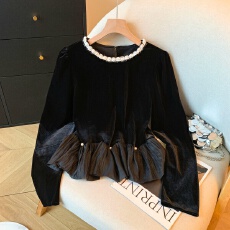 批发实拍撞色拼接丝绒长袖<b class='q'>t</b><b class='q'>恤</b>女春秋2026新款荷叶边<b class='q'>裙</b>摆衬衣气质上衣