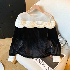 批发实拍2026春秋新款韩版网纱拼接丝绒设计感小众黑色小衫<b class='q'>长袖</b>上